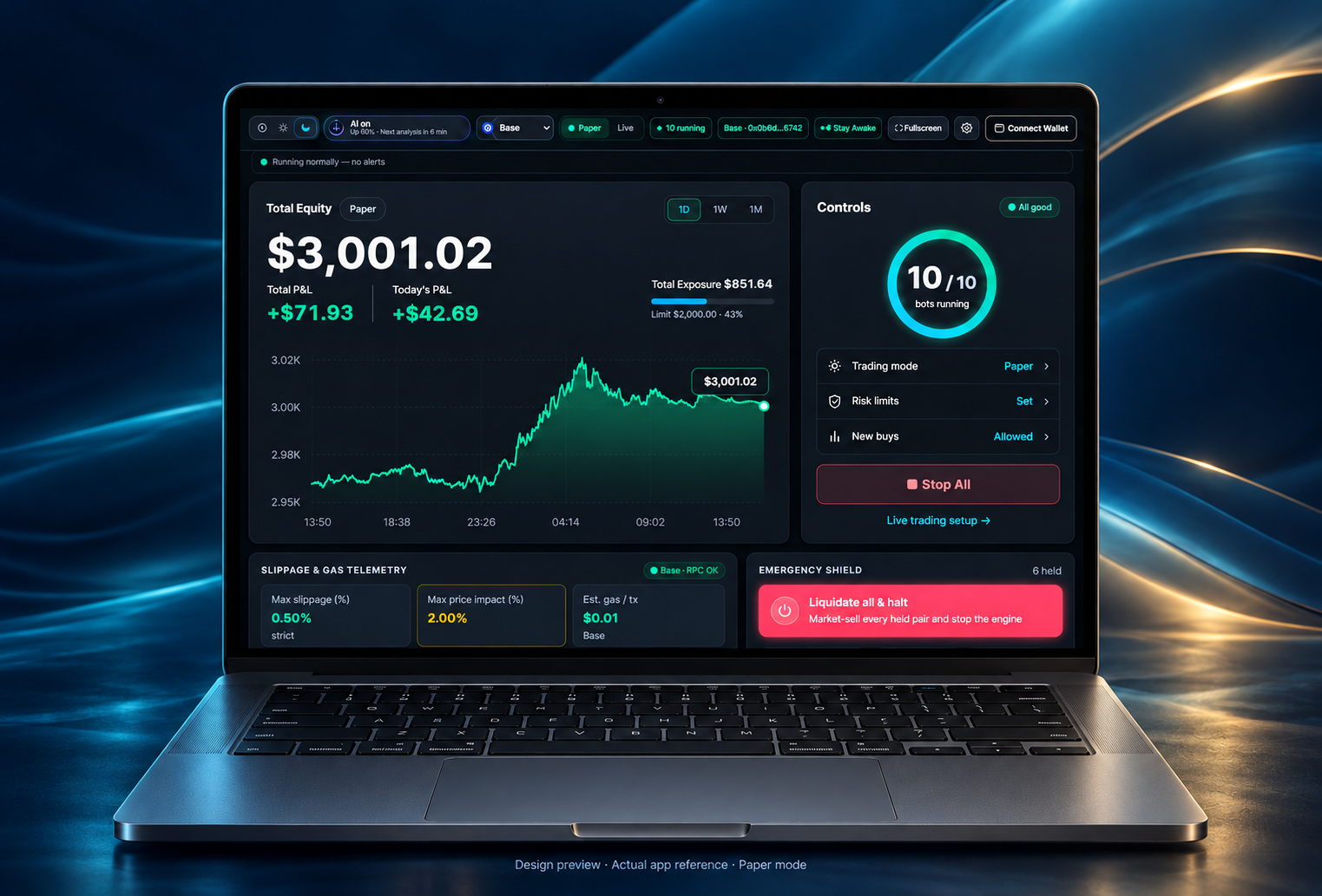 GRIDORA dashboard visualized on a graphite laptop, with cyan and gold lighting blending into a navy background