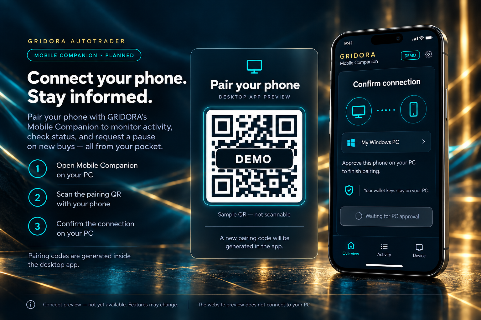 Illustrative QR pairing flow with a DEMO QR graphic and a phone waiting for PC approval