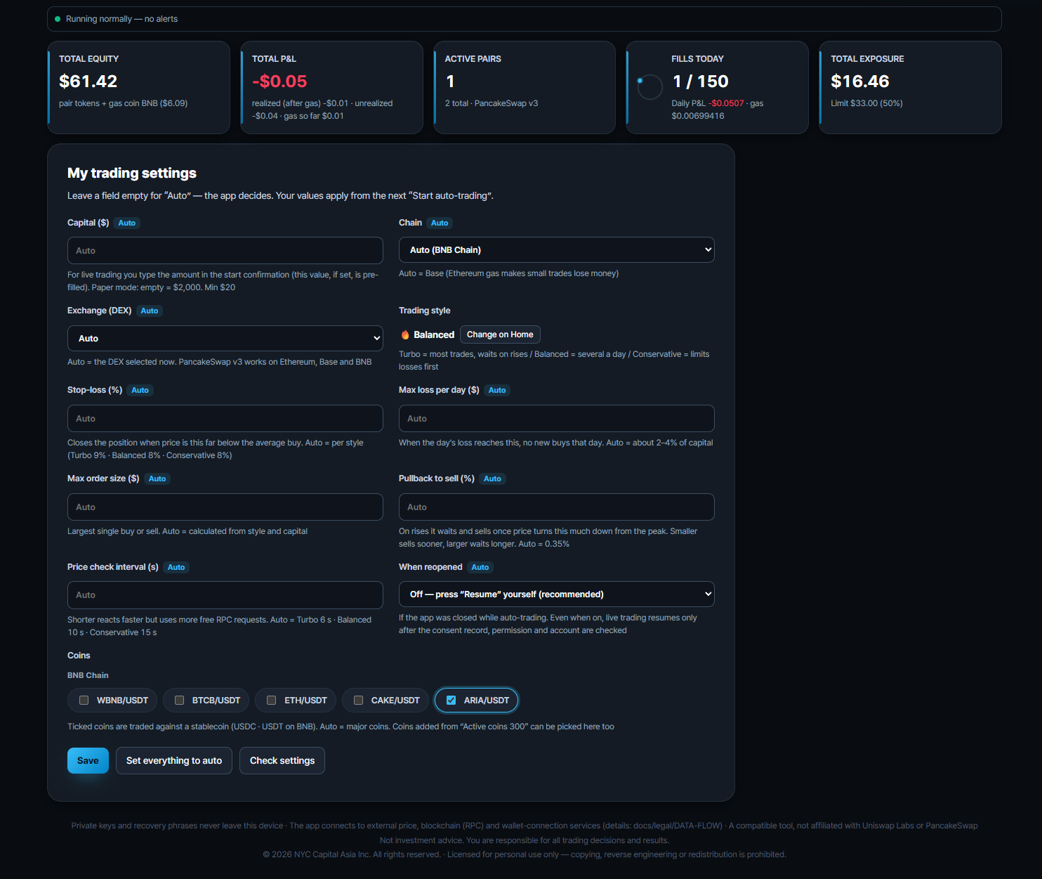 Trading settings