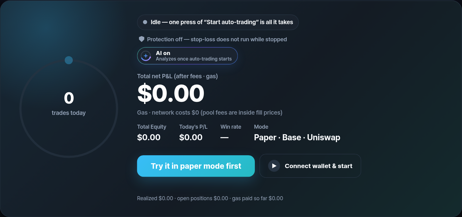 Home screen with total profit, today's profit and the 'Try it in paper mode first' button