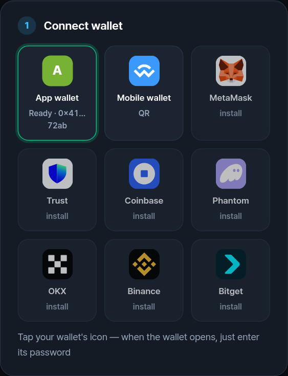 Wallet icons: App wallet, Mobile wallet, MetaMask, Trust, Coinbase, Phantom, OKX, Binance, Bitget