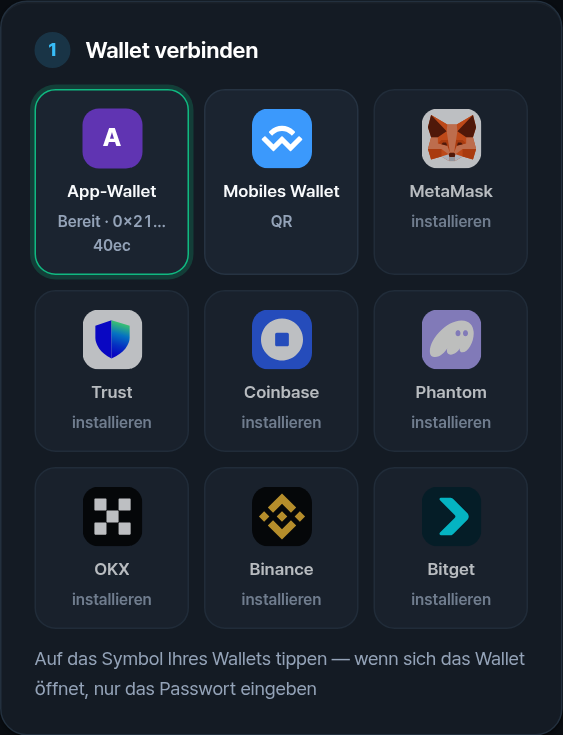 Wallet-Symbole: App-Wallet, Handy-Wallet, MetaMask, Trust, Coinbase, Phantom, OKX, Binance, Bitget