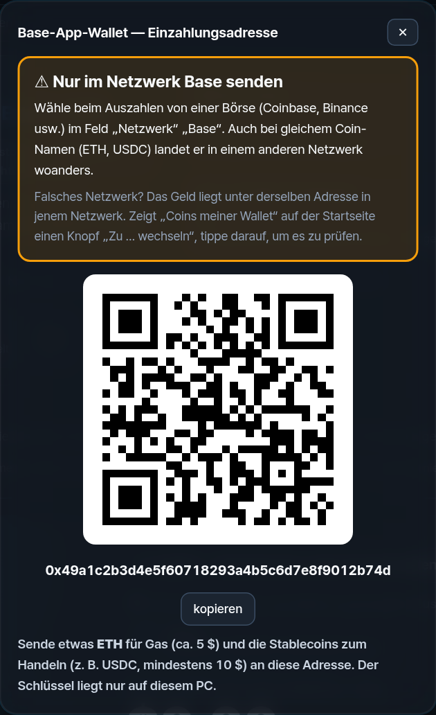 QR der Einzahlungsadresse mit großer Warnung: Nur im Netzwerk Base senden