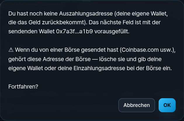 Dialog: noch keine Auszahlungsadresse; mit der sendenden Wallet vorausgefüllt; Börsenhinweis