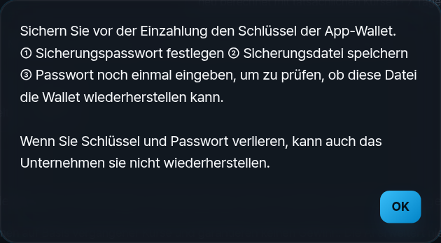 Sicherungsdialog: Passwort wählen, Datei speichern, Passwort erneut eingeben