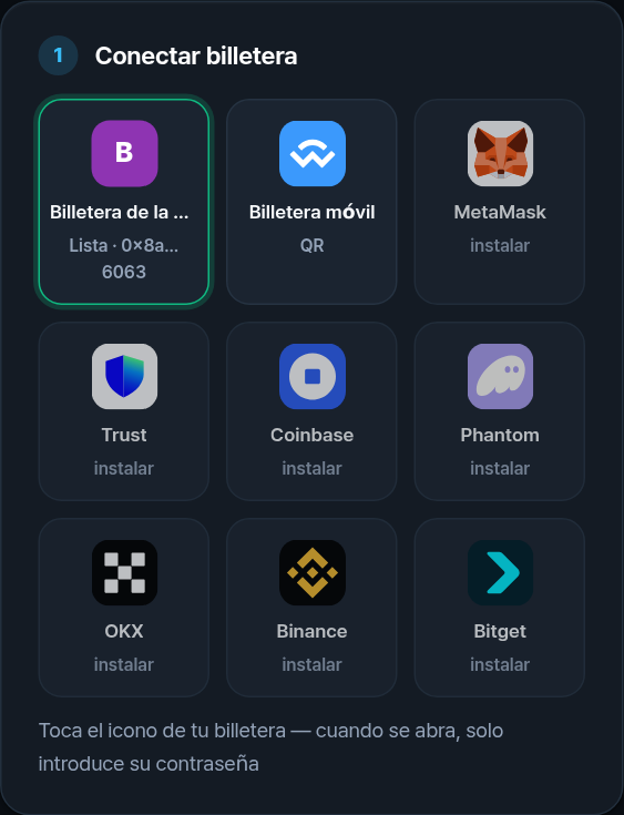 Iconos de billeteras: billetera de la app, móvil, MetaMask, Trust, Coinbase, Phantom, OKX, Binance, Bitget