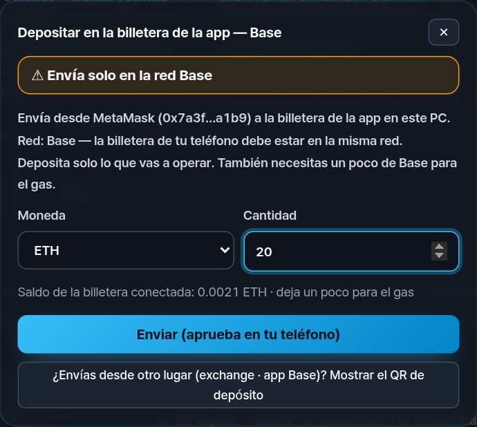 Depositar en la billetera de la app — Base. Moneda ETH, cantidad 20, saldo de la billetera conectada