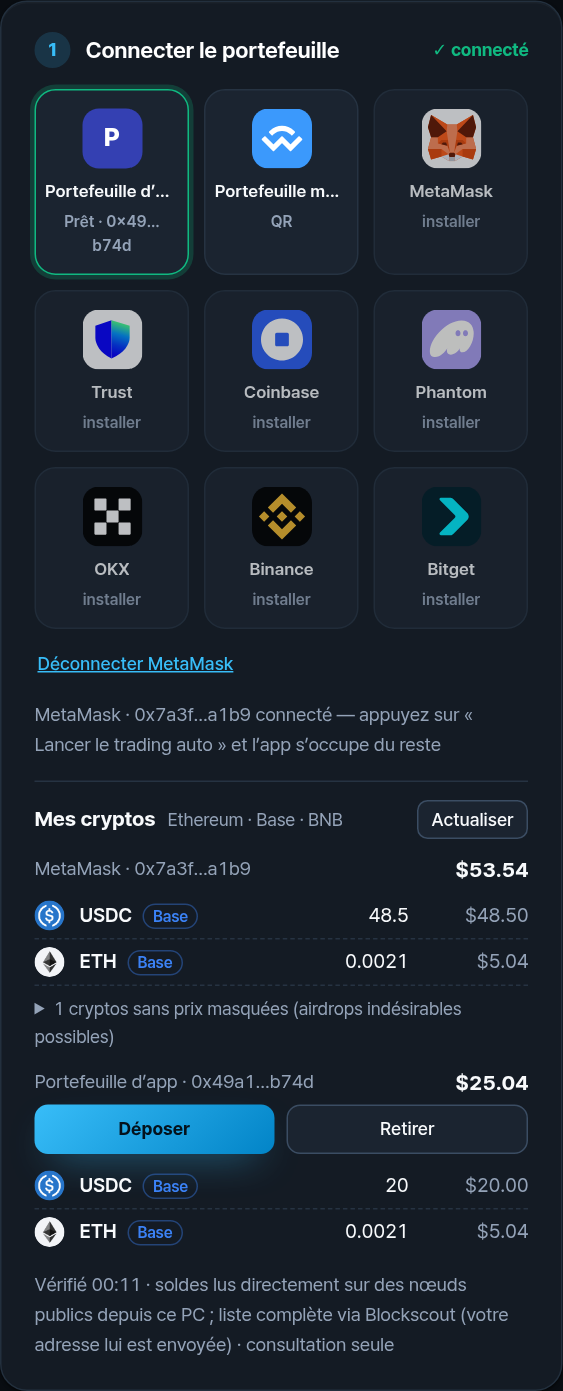 Mes cryptos : MetaMask 53,54 $ avec USDC et ETH sur Base ; portefeuille d’app 25,04 $ avec boutons Déposer et Retirer