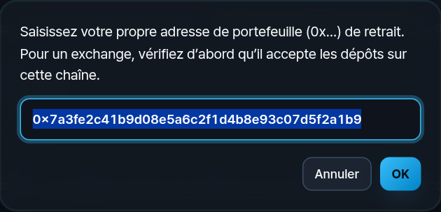 Saisissez les 6 derniers caractères de la nouvelle adresse de retrait